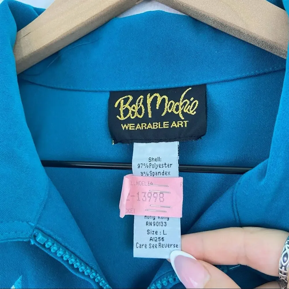 Bob Mackie L Wearable Art Teal Embroidered Floral Zip Lightweight Jacket